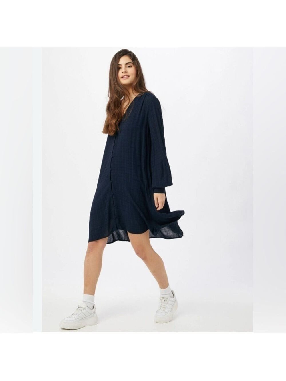 NWT Samsoe Samsoe Jetta Check Mini Dress in Sky Captain Navy Blue Size XS